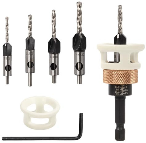 mumisuto Broca Avellanadora Madera con Tope de Profundidad Ajustable, 6 Piezas Avellanador Madera de HSS-M2 con Mango Hexagonal de 1/4, Brocas Avellanadoras para Carpintería y Bricolaje