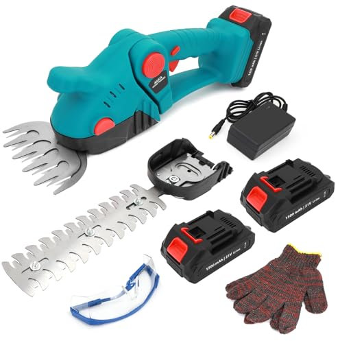 Akku Strauchschere 21V, 2-in-1 Handheckenschneider, 1260 U/min Kabelloser Elektrischer Buschschneider für Garten und Rasen, Inklusive 2 x 1500mAh Akkus und Ladegerät