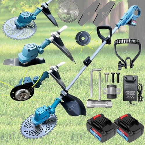 QYLTTDM Cortabordes Inalámbrico, Cabezal Ajustable 180°, Cortabordes Inalámbrico con 3 Tipos De Cuchillas, Altura De Corte De 10 Cm Y Mango Retráctil, Motor De 1600w con 2 Baterías Y Cargador