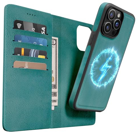 OASISBLUE iPhone 15 Pro Max Hülle,[2 in 1 Magnetisch Abnehmbar] Kabelloses Laden Kompatibel Stoßfest Schutzhülle Lederhülle Klapphülle Handyhülle für iPhone 15 Pro Max - blaugrün