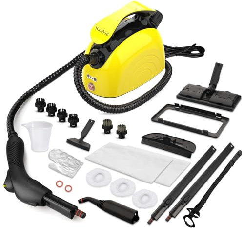Limpiador de vapor Waitbird con 21 accesorios Vapor de alta temperatura de 248°F Gran depósito de agua de 1,1L, 45 min de autonomía Ideal para tapicerías, suelos, coches y hogares-Amarillo