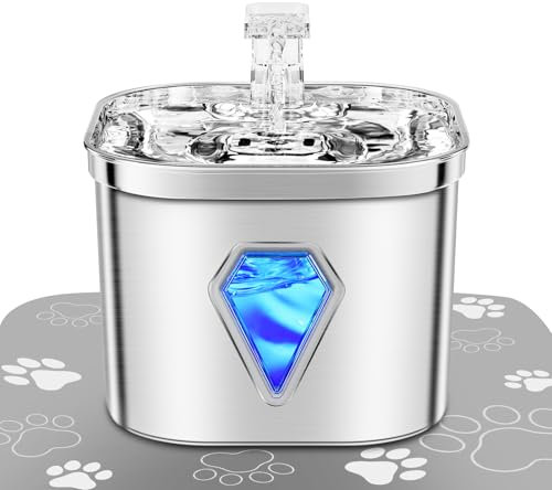 EUARY Bebedero Dispensador Agua Gatos Perros Acero Inoxidable Desinfección, Alimentado por USB, Ultrasilencioso, Filtro Doble Esponja Carbón Activo 5 Capas (Only Fuente de Aguapara Gatos, Sliver)