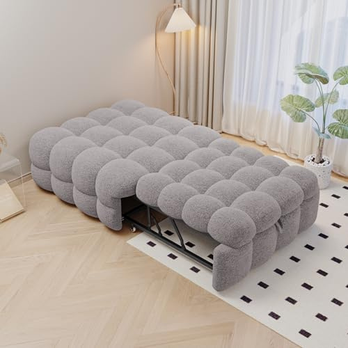 Jovify Ausziehbares Schlafsofa Polsterbett, 2-in-1-Fußhocker Sofa mit Schlaffunktion, Puffy-Bett Einzelbett Tagesbett Daybett Gästebett Sofabett Jugendbett Bettgestell mit Teddy-Stoff Polster, Grau