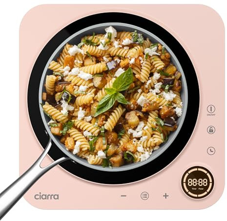 CIARRA CAPTIH1-P Placa de Inducción Portátil 8 Niveles, Placa Electrica Portatil 2000 Vatios, Display Táctil, Temporizador, Diseño en Cristal de Alta Resistencia, Rosa
