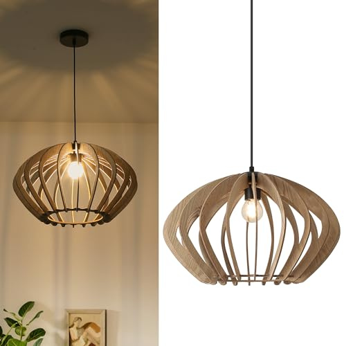 SUNLLOK Farmhouse Large Pendant Light for Kitchen Island, Industrial Woven Wicker Ceiling Hanging Lamp, Wood Basket Lampshade Chandelier for Living Room, Dining Room, Bar, Restaurant (Retro)