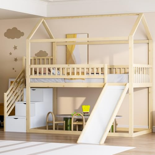 PUGSDRLY Lit Superposé Enfant 90x200cm avec Toboggan et Escalier de Rangement,Lit Enfant 2 Places,Sommier à Lattes,Cadre en Bois Massif,Clôture Haute,sans Matelas (Naturel)