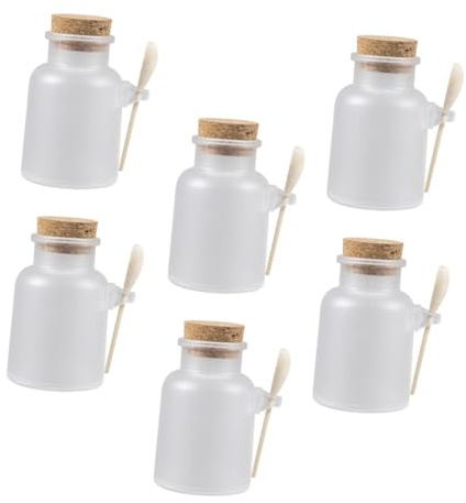 ELAYARD Lot de 6 Sets de Sets de Pots à Poudre en Plastique Couvercle en Bois et Cuillère, Hermétiques et Légers, pour Sels de Bain et Poudre de Masque, pour Soins Personnels et Salons