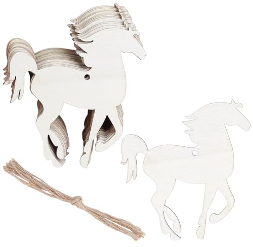 CRAFTYMELODY 35Pcs Wood Running Horse Cutouts Unfinished Wooden Horse Pendants with Jute Cord Wood Chip Hanging Ornaments Horse Craft Gift Tags for Home Birthday Party Decoration Drawing Arts