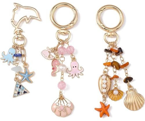 3 Pièces Porte-clés Femme Océan, porte clef mignon avec poulpe, étoile de mer, coquillage,bijoux de sac a main femme, grigri sac, keychain cute, pendentif pour sac à main, porte clé voiture élégant