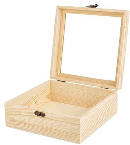 CALFOVERA Boîte à Bijoux Carrée en Bois de 20 x 20 x 8cm D'Épaisseur Non Finie avec Couvercle en Verre et Fermoir en Fer Idéale pour Les Loisirs Créatifs L'Emballage Cadeau et la Décoration