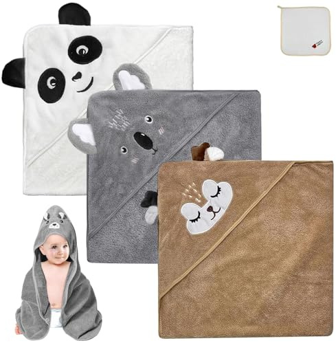 JTOOYS 3 Stücke Kapuzenhandtuch Baby - 80 x 80cm Baby Handtuch Kapuze Niedliches Handtücher mit Kapuze Kapuzenhandtuch Babys Weich & Super Saugfähig für Kinds Handtücher (Weiß, Braun, Grau)