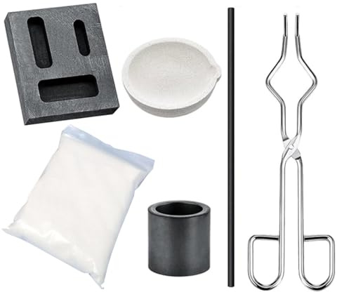 FiTspi Kit di fusione per torcia, 6 pezzi, per raffinazione e creazione di gioielli in oro e argento, include barra, stampo per lingotti in grafite 3 in 1, crogiolo al quarzo, grafite cilindrica