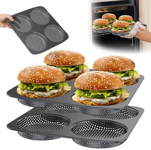 Ghshanog 2 Pack Hamburger Bun Mould,4 Cavity Hamburger Baking Pan, Carbon Steel Bread Baking Tray Mold,Non-Stick Egg Muffin Bakings Pan for Homemade Burgers, Bread, Rolls, Puffs, Tartlets
