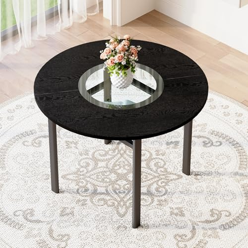 Mesa de Comedor Redonda de MDF y Cristal, Salón y Cocina, Negro, 100 cm