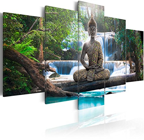 B&D XXL - Wandbilder XXL Buddha 200x100 cm 5 tlg Wand Deko Leinwand Bilder Groß Wanddeko Wohnzimmer Schlafzimmer Kunstdrucke Landschaft Natur Wasserfall Baum Wald c-A-0021-b-n