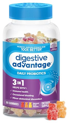 Digestive Advantage Probiotic Gummies for Digestive Health, Daily Probiotics for Women & Men, Support for Occasional Bloating, Minor Abdominal Discomfort & Gut Health, 80ct Natural Fruit Flavors