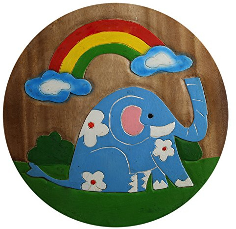 ART-CRAFT KH072 Kinderhocker Holz Schemel mit Motiv Elefant bemalt und beschnitzt extra große Sitzfläche Ø 30cm LxBXH = 30x30x27cm