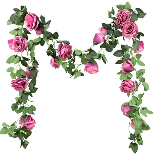FiveSeasonStuff Fuchsia Pink Artificial Rose Garlands, Set of Two Silk Flower Vines, Total Length 4.4 Metres for Home Interiors and Decorative Displays