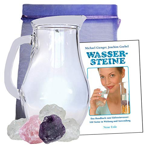 Wassersteine EDELSTEINWASSER 300g EDELSTEINE. Steine für GRUNDMISCHUNG Amethyst + Rosenquarz + Bergkristall + 1,0L Glaskrug + BUCH. 6-tlg Set zur Wasseraufbereitung und Wasserenergetisierung. 90014-2