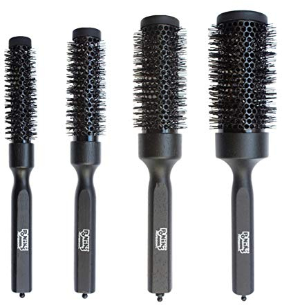 Ponik's Runde Haarbürste, Keramic mit Holz Griff - 20+25+33+44 mm - 4 Stücke Set - Antistatische Rundbürste mit Wärmespeicherndem Keramikkörper zum Föhnen und Glätten Haare, Schwarz Holz