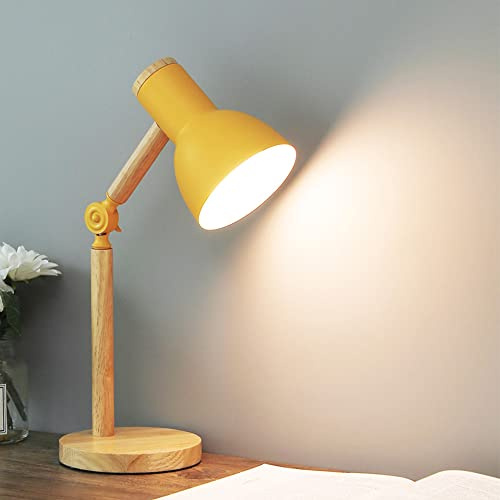 Tischlampe mit Holzarm Verstellbare Schreibtischlampe,E27 Leselampe -Gelb | Bürolampe, Nachttischlamp,Schreibtischlampe,Lampe mit verstellbarem Arm,Augenfreundliche Arbeitsleuchte,