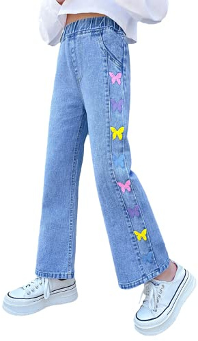 Rolanko Girls Jeans Bootcut Ripped Elasticated Waist Retro Style Denim Pants for Kids Fit, Blue Color Fly, Size: 140