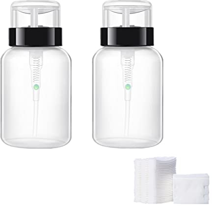 2 Pack Nail Polish Remover Pump Dispenser Refillable Empty Makeup Remover Bottles Dispenser Push Down Liquid Dispenser Bottle, 200ML/6.8OZ, 50pcs Cosmetic Cotton Pads (black)