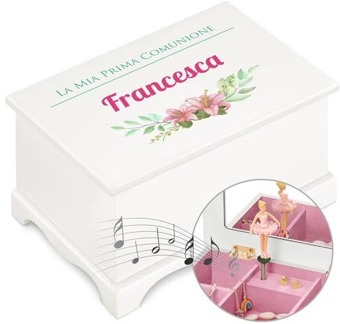 Maverton Jewelkeeper Carillon portagioie - con Stampa Personalizzata - Carillon portagioielli Musicale con Ballerina - per Battesimo o Prima Comunione Bambina - Compleanno - Gigli