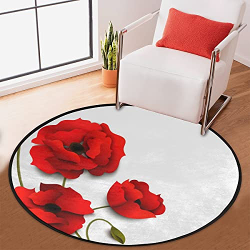 Moderner Teppich mit Mohnblumen, rund, Kurzflor-Teppich, für Zimmer, Zuhause, Innenbereich, rutschfest, für den Innen- und Außenbereich