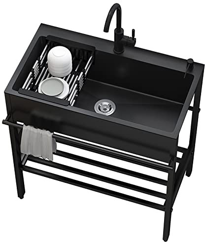Lavello Cucina Nero con 1 vasca,90x45x86cm Lavandino in Acciaio Inox con Scolapiatti,Lavabo di Utilità con Rubinetto,Lavelli Commerciale Autoportante,Lavatoio da Giardino Campeggio,per Interni Esterni
