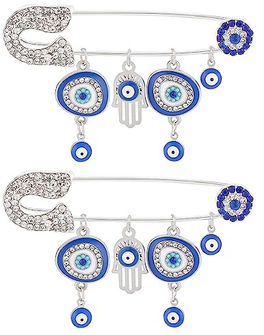 WEBEEDY 2 Stück Evil Eye Brosche - Blue Eye Schmuck Sicherheitsnadeln, Hamsa Brosche Pins, Juwelenbesetzte Sicherheitsnadel als Glücksbringer