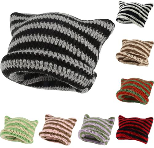 HINGTAT Kattmössa för kvinnor, virkad mössa med öron, randig, varm, hängig, elastisk vintermössa för vuxna och barn, Svart, grått, one size