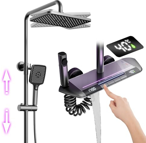 Duschsystem Thermostat Anthrazit Messing Duscharmatur Duschset mit Regendusche, 3 Modus Handbrause, Bidet Sprayer, Wasserfall-Badewannenarmatur, Wandmontiert Duschsäule Duschgarnitur