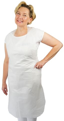 ARNOMED PE Einwegschürzen 50 Stk, Schürze Wasserdicht, Plastikschürzen 18µ dick, Geblockte Einmalschürzen Gr 75x125cm, Schürze Weiß Ölbeständig, Fleischer-/Metzger-Kittel, Medizinische Einwegkittel