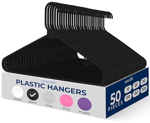 SereneLife Kleiderbügel, 50 Stück - Kleiderbügel Kunststoff- Schwarz, Hangers Clothes- Platzsparend, Ultradünn & Robust, Bügel- mit 360° drehbarer Haken, 0.6cm dick mit Einkerbungen im Schulterbereich