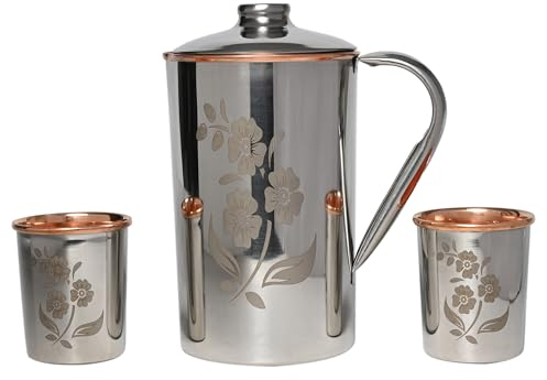 Wasserkrug aus Edelstahl und reinem Kupfer mit 2 passenden Bechern für Ayurveda-Gesundheitsvorteile (150 ml). (Blumenmuster)