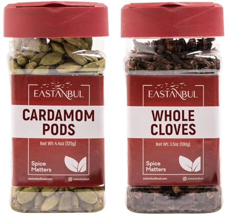 Eastanbul Cardamom Pods and Cloves, Green Cardamom Pods Whole 4.4oz & Whole Cloves 3.5oz, Perfect for Tea, Cardomam Seeds for Coffee, Spice Buddies