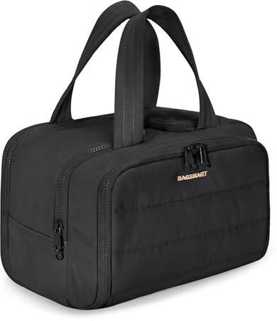 BAGSMART Large Toiletry Bag Travel Makeup Bag, 2 Full Open Upright Compartments, Cosmetic Wash Bag with Wet & Brushes Pocket, Essentials Accessories for Women, Black