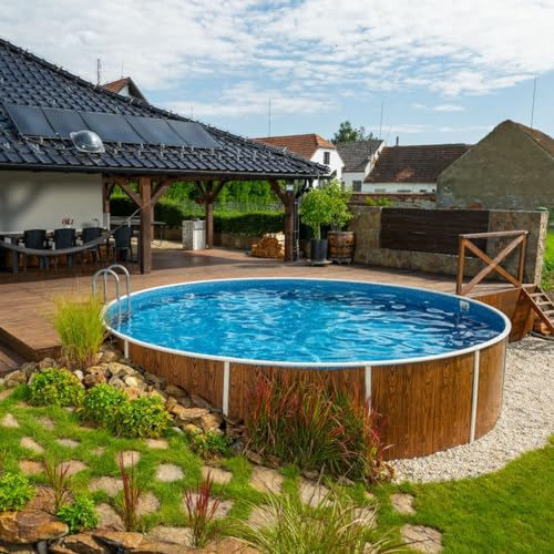 poolomio stålväggspool, rund, 460 x 120 cm, träutseende, robust och stabil – set med sittpooler inkl. vintersäker innerfolie 0,5 mm, skimmer och inloppsmunstycke – enkel montering – stålväggsbassäng