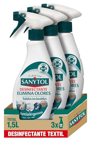 Sanytol – Spray Elimina Olores Desinfectante para Textiles, Elimina Malos Olores Persistentes y Neutraliza Alérgenos, Sin Lejía - Pack de 3 x 500 ml = 1,5L