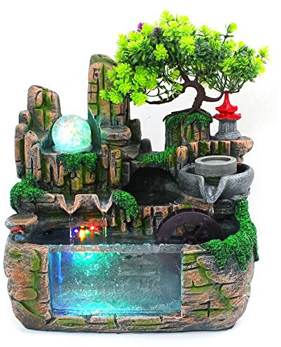 Fuente de habitación, cascada, fuente de mesa, decoración de agua con lámpara LED, efecto atomizador, escritorio, pequeño jardín de piedra para salón, dormitorio, decoración de oficina