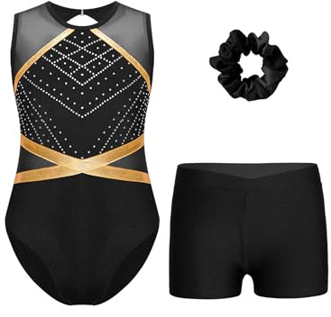 Freebily Girls Dance Gymnastics Leotard Set Sheer Mesh Sleeveless Rhinestones Bodysuit with Shorts Hair Tie Performance Wear Black 11-12 Years