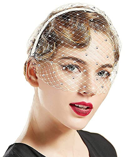 Slöja Fascinator hatt för kvinnor elegant vit svart fågelbur ansikte slöja strass fascinator brud hår kam fest huvudbonad kostym huvudbonader