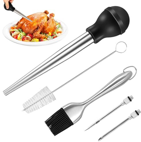 Stainless Steel Turkey Baster, Turkey Basters for Cooking, Turkey Baster Sets -Syringe, 2 Detachable Marinade Injector Needles, Cook and Cleaning Brush, for Flavor Meat Poultry, Beef & Chicken Cooking