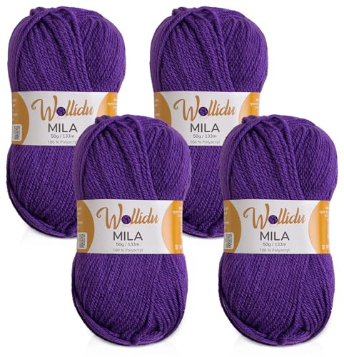 Wollidu Mila garn för virkning och stickning 4 x 50 g/133 m stickgarn 100 % polyakryl virkgarn lila
