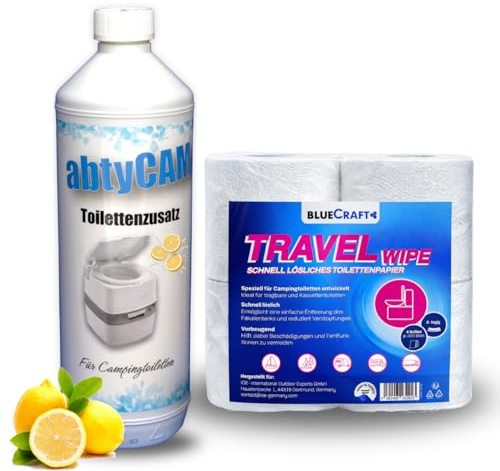 abtyCam - Sanitärflüssigkeit für Campingtoilette Toilettenzusatz Chemie WC Flüssigkeit Sanitärzusatz Chemietoilette inkl. 4 Rollen Camping Toilettenpapier (1 Liter Flasche + 4 Rollen Toilettenpapier)