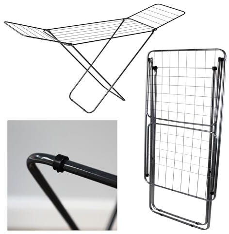 Pluto Packaging Indoor & Outdoor Use Foldable Metal Black Clothes Airer Drying Rack With Winged Stand