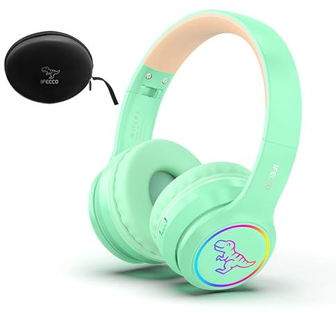 IFECCO Kinder Bluetooth Kopfhörer mit Mikrofon - Niedliches Dinosaurier Kinder Kabellos Kopfhörer mit LED-Leuchten,Kinderkopfhörer mit Tasche für Schule,Reisen