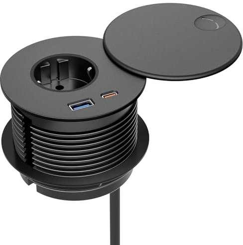 Presa multipla da incasso per scrivania, presa di corrente Airmom con 1 presa Schuko e USB-C PD20W, per foro da 80 mm, presa da scrivania integrata con copertura, per ufficio, casa, scuola, nera