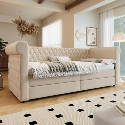 Soweiz Gepolstertes Schlafsofa mit Lattenrost und Stauraum, geeignet für Kinder, Gäste und Jugendliche, 90 x 200 cm (Beige Linen)